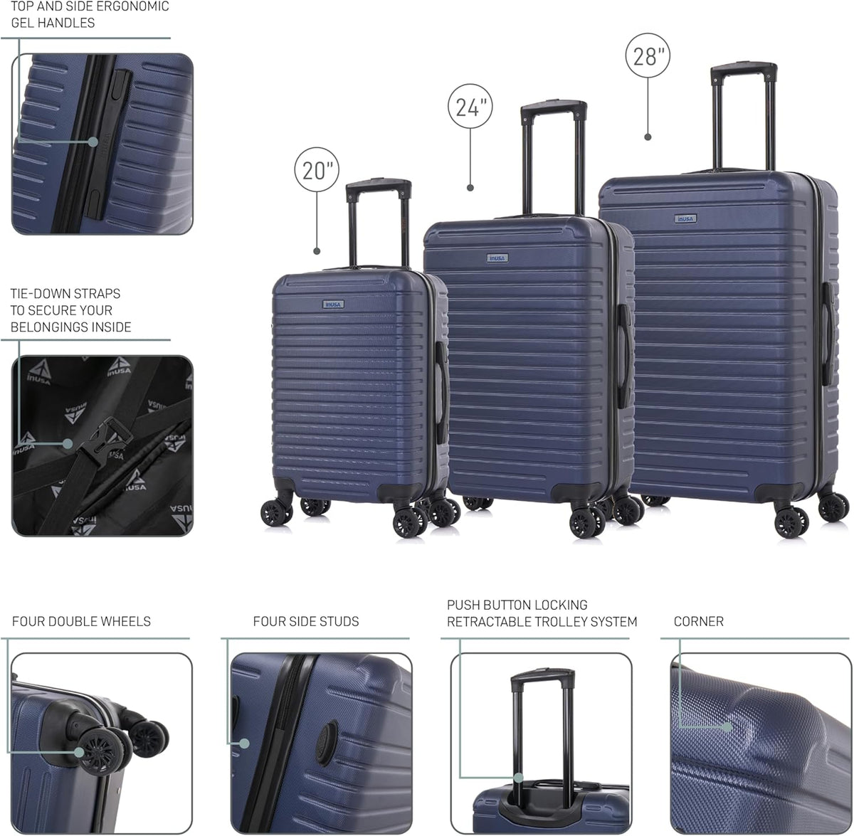 DEEP Luggage with GEL Handle | Spacious Traveling Suitcases, Travel Suitcase with Dual Spinner Wheels and Studs | 20 Inch Carry On Hardside Luggage | Blue