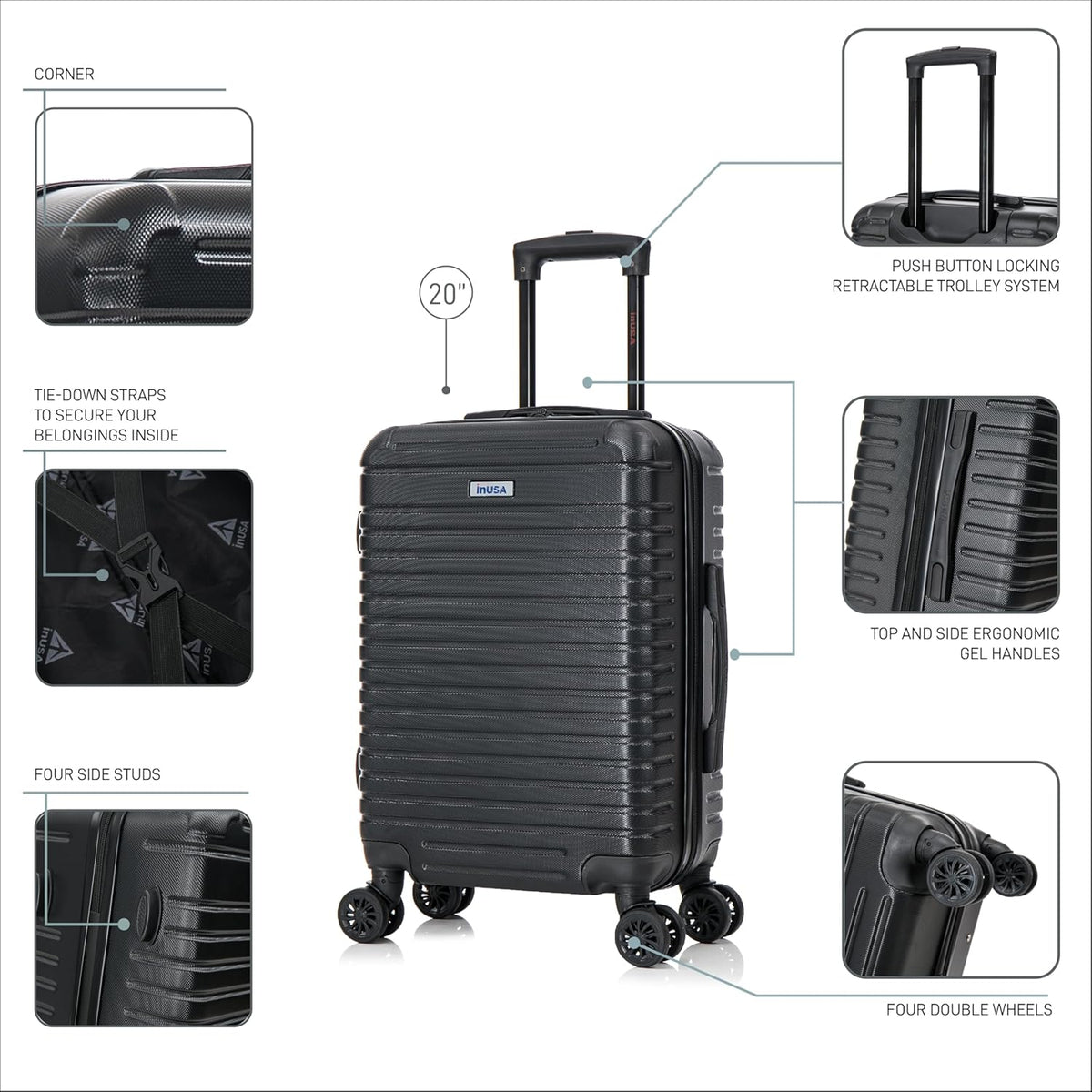 DEEP Luggage with GEL Handle | Spacious Traveling Suitcases, Travel Suitcase with Dual Spinner Wheels and Studs | 20 Inch Carry On Hardside Luggage | Blue