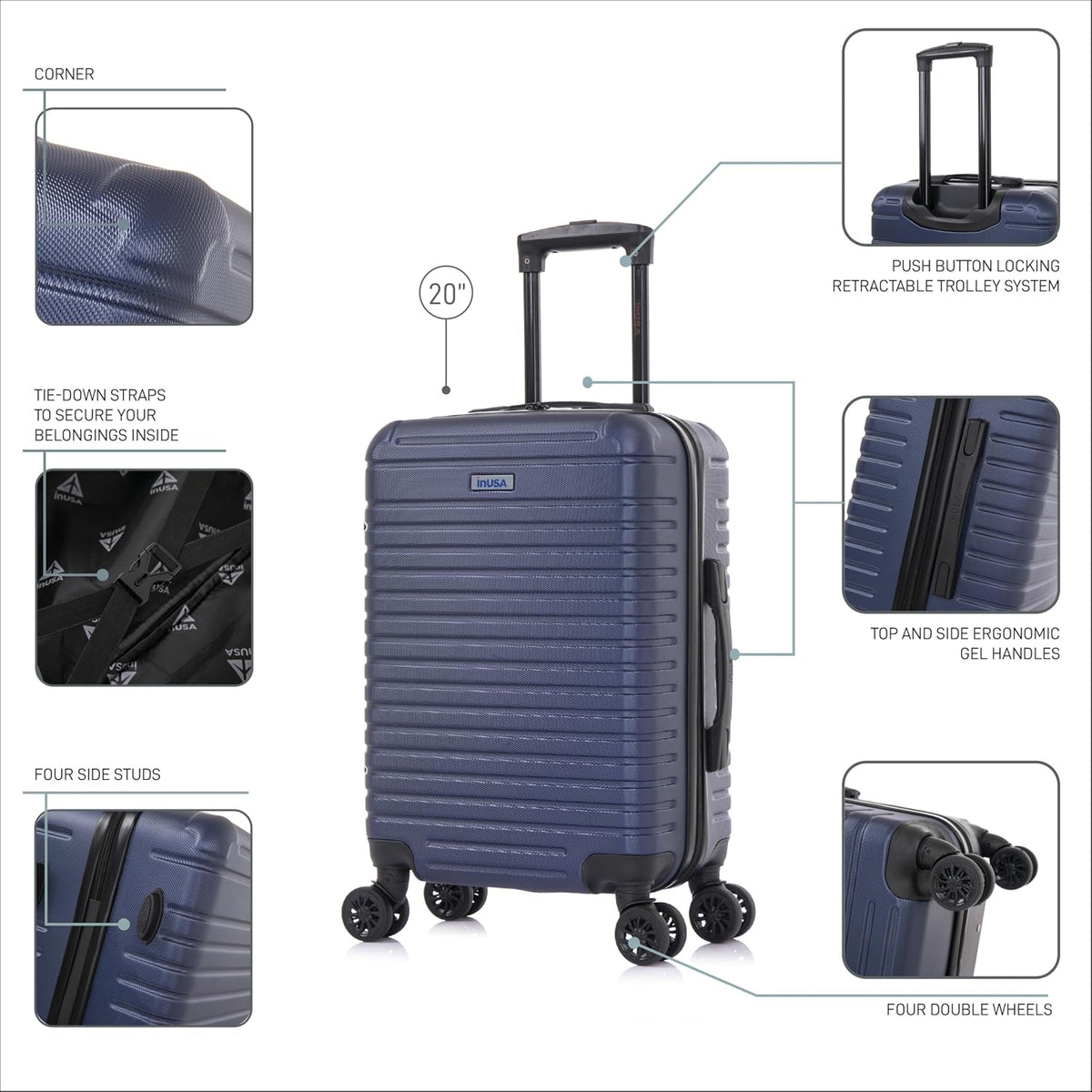 DEEP Luggage with GEL Handle | Spacious Traveling Suitcases, Travel Suitcase with Dual Spinner Wheels and Studs | 20 Inch Carry On Hardside Luggage | Blue