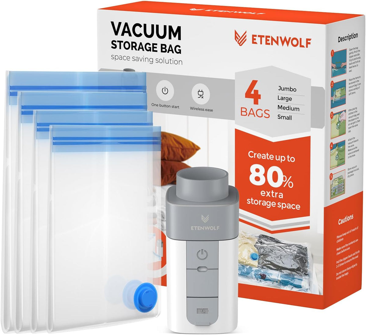 Vacuum Storage Bags for Travel with Rechargeable Wireless Pump, Vacuum Seal Bags for Clothes and Travel, Space Saver Bags in Carry-On Sizes, Perfect for Luggage and Suitcases, 12 Combo