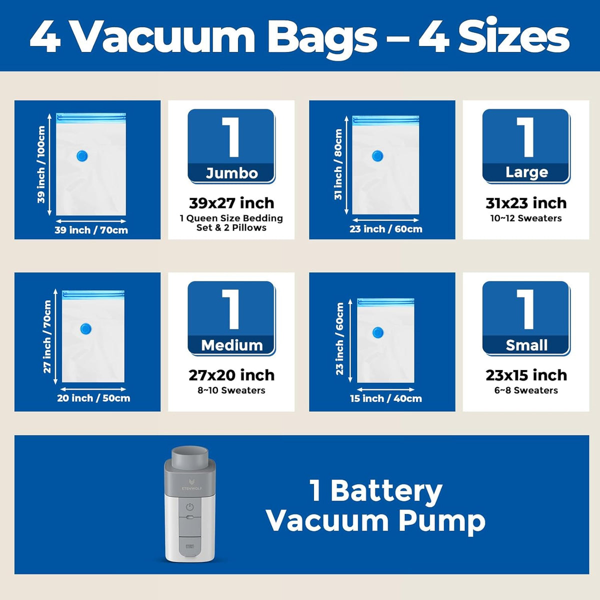 Vacuum Storage Bags for Travel with Rechargeable Wireless Pump, Vacuum Seal Bags for Clothes and Travel, Space Saver Bags in Carry-On Sizes, Perfect for Luggage and Suitcases, 12 Combo