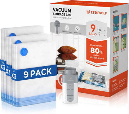 Vacuum Storage Bags for Travel with Rechargeable Wireless Pump, Vacuum Seal Bags for Clothes and Travel, Space Saver Bags in Carry-On Sizes, Perfect for Luggage and Suitcases, 12 Combo