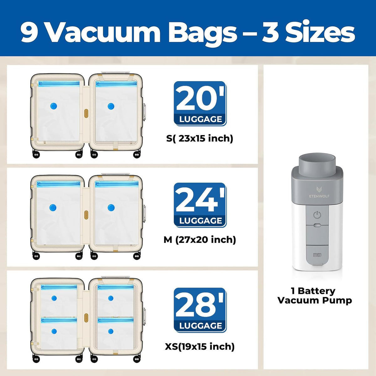 Vacuum Storage Bags for Travel with Rechargeable Wireless Pump, Vacuum Seal Bags for Clothes and Travel, Space Saver Bags in Carry-On Sizes, Perfect for Luggage and Suitcases, 12 Combo