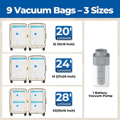 Vacuum Storage Bags for Travel with Rechargeable Wireless Pump, Vacuum Seal Bags for Clothes and Travel, Space Saver Bags in Carry-On Sizes, Perfect for Luggage and Suitcases, 12 Combo