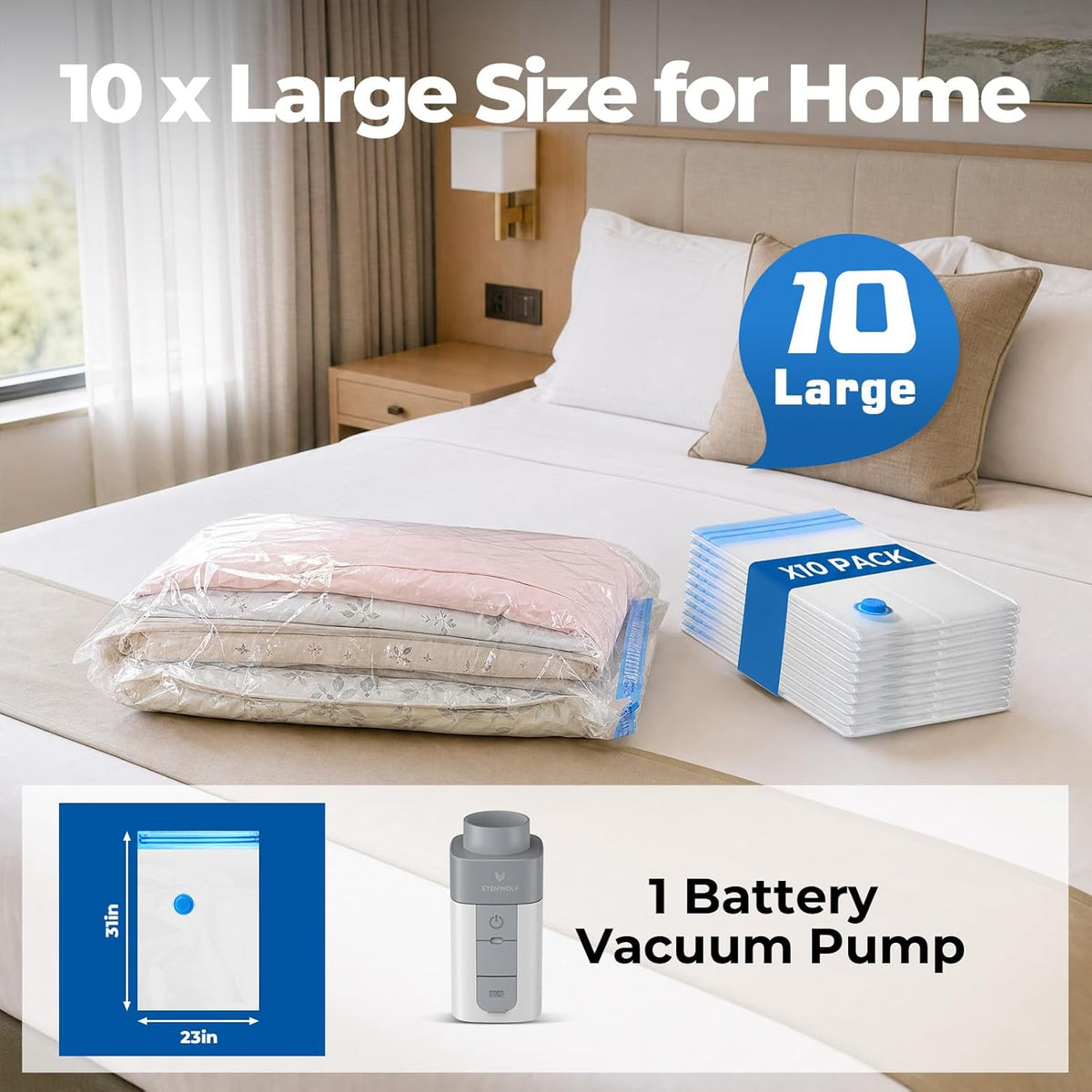 Vacuum Storage Bags for Travel with Rechargeable Wireless Pump, Vacuum Seal Bags for Clothes and Travel, Space Saver Bags in Carry-On Sizes, Perfect for Luggage and Suitcases, 12 Combo
