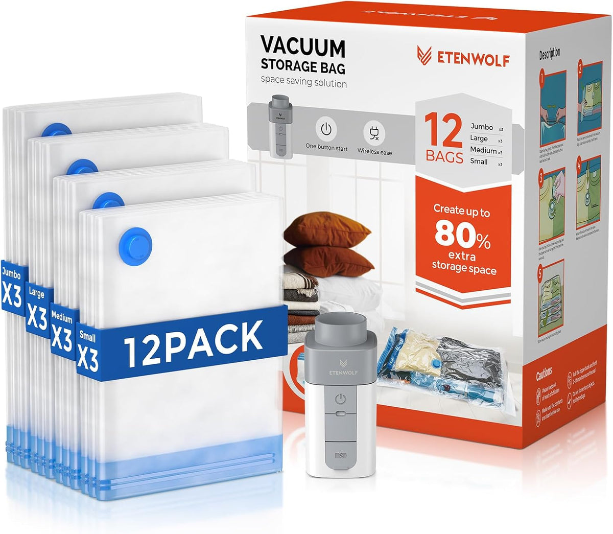 Vacuum Storage Bags for Travel with Rechargeable Wireless Pump, Vacuum Seal Bags for Clothes and Travel, Space Saver Bags in Carry-On Sizes, Perfect for Luggage and Suitcases, 12 Combo