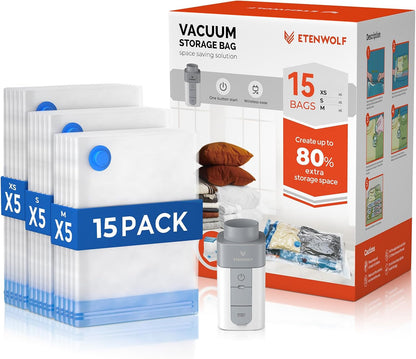 Vacuum Storage Bags for Travel with Rechargeable Wireless Pump, Vacuum Seal Bags for Clothes and Travel, Space Saver Bags in Carry-On Sizes, Perfect for Luggage and Suitcases, 12 Combo