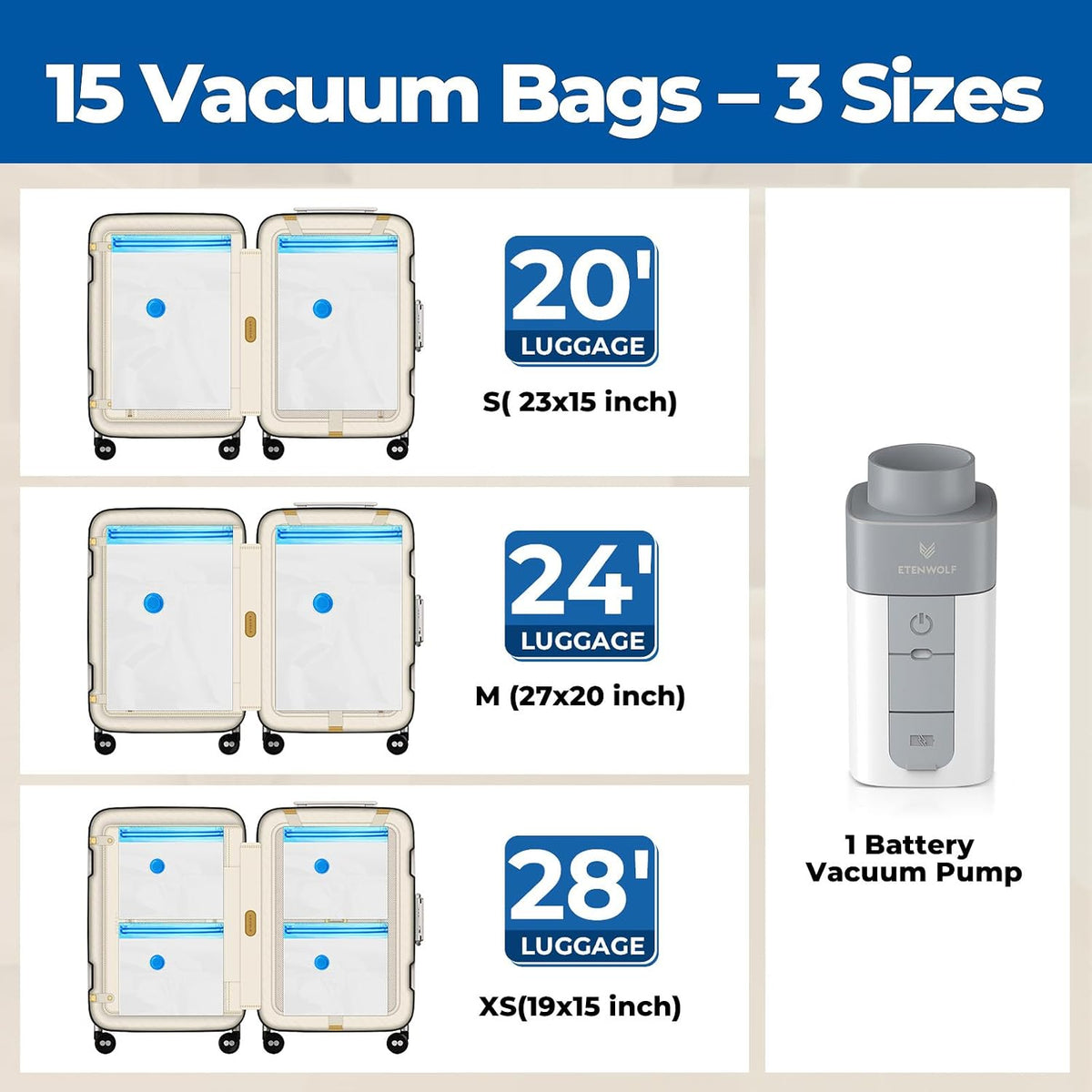 Vacuum Storage Bags for Travel with Rechargeable Wireless Pump, Vacuum Seal Bags for Clothes and Travel, Space Saver Bags in Carry-On Sizes, Perfect for Luggage and Suitcases, 12 Combo