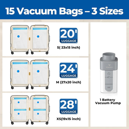 Vacuum Storage Bags for Travel with Rechargeable Wireless Pump, Vacuum Seal Bags for Clothes and Travel, Space Saver Bags in Carry-On Sizes, Perfect for Luggage and Suitcases, 12 Combo