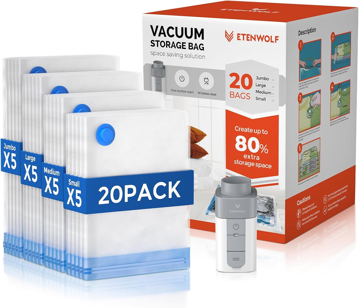 Vacuum Storage Bags for Travel with Rechargeable Wireless Pump, Vacuum Seal Bags for Clothes and Travel, Space Saver Bags in Carry-On Sizes, Perfect for Luggage and Suitcases, 12 Combo