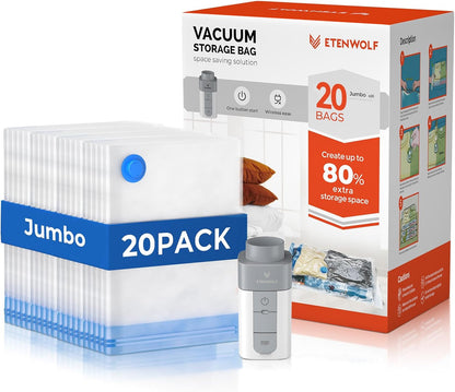 Vacuum Storage Bags for Travel with Rechargeable Wireless Pump, Vacuum Seal Bags for Clothes and Travel, Space Saver Bags in Carry-On Sizes, Perfect for Luggage and Suitcases, 12 Combo