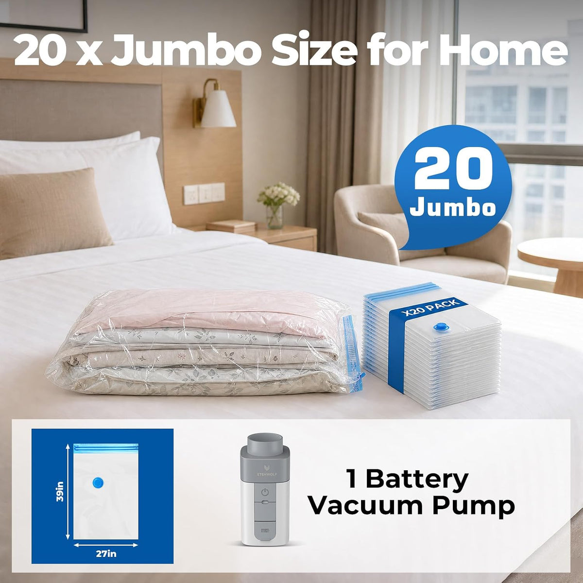 Vacuum Storage Bags for Travel with Rechargeable Wireless Pump, Vacuum Seal Bags for Clothes and Travel, Space Saver Bags in Carry-On Sizes, Perfect for Luggage and Suitcases, 12 Combo