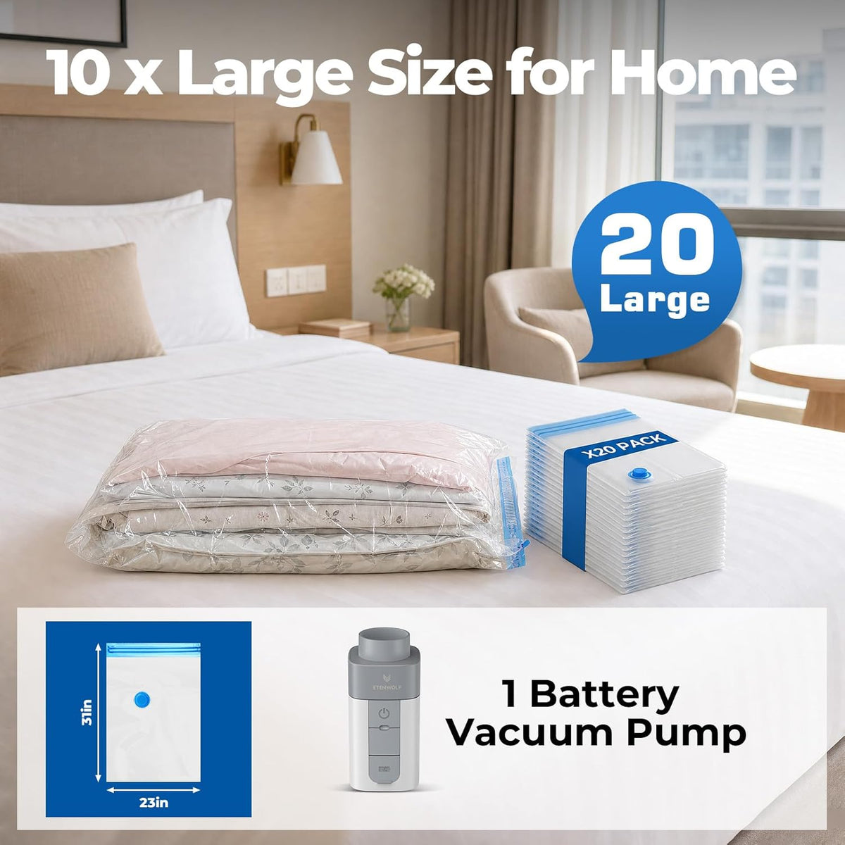 Vacuum Storage Bags for Travel with Rechargeable Wireless Pump, Vacuum Seal Bags for Clothes and Travel, Space Saver Bags in Carry-On Sizes, Perfect for Luggage and Suitcases, 12 Combo