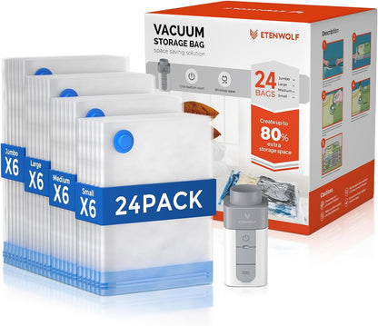 Vacuum Storage Bags for Travel with Rechargeable Wireless Pump, Vacuum Seal Bags for Clothes and Travel, Space Saver Bags in Carry-On Sizes, Perfect for Luggage and Suitcases, 12 Combo
