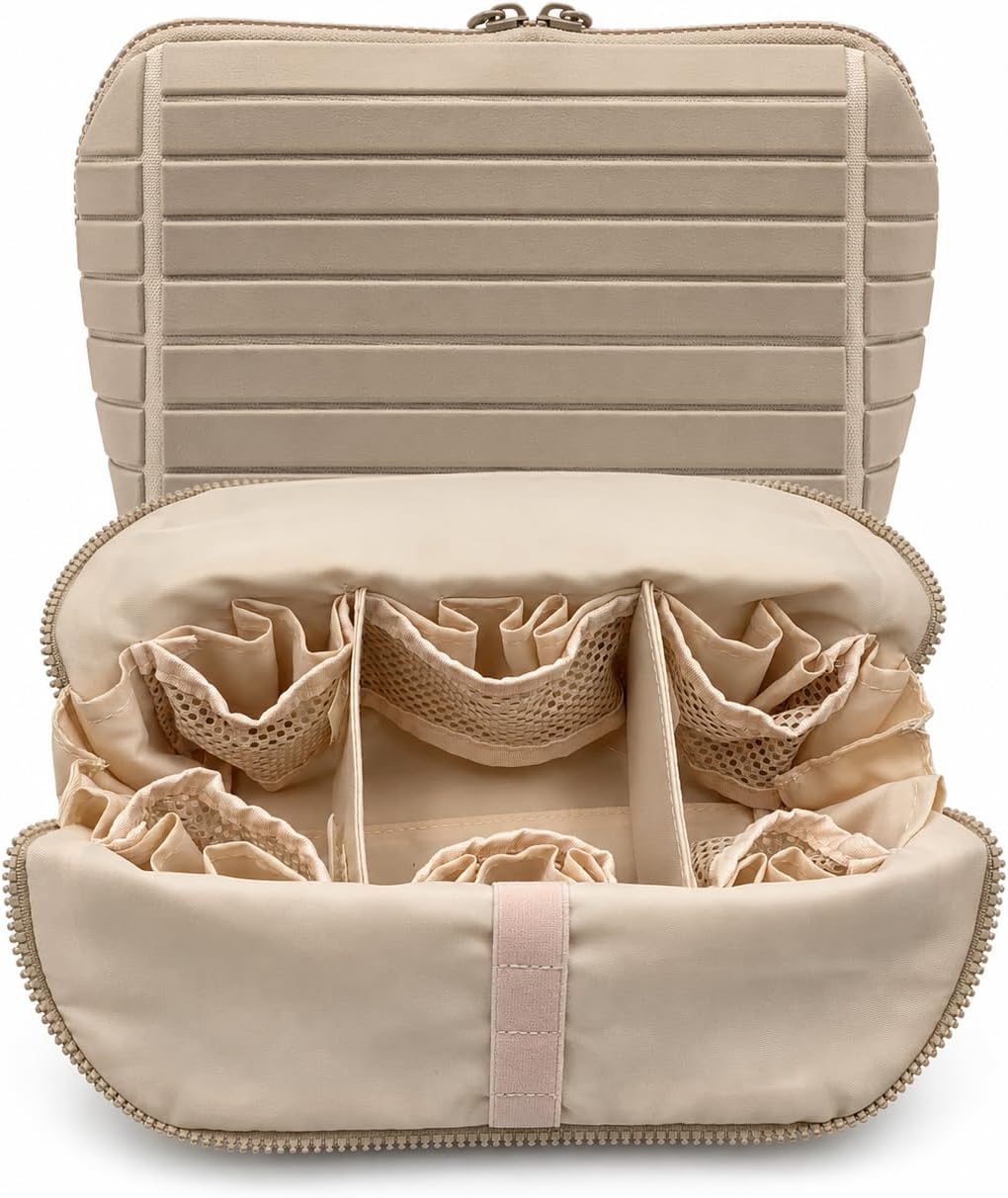 Travel Makeup Bag for Women, Fold Down Stand-Up Striped Makeup Organizer with Adjustable Dividers, 27 Pockets, 3 Brush Holders, Waterproof PVC Cosmetic Toiletry Bag for Travel, Beige