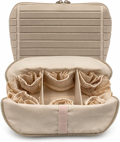 Travel Makeup Bag for Women, Fold Down Stand-Up Striped Makeup Organizer with Adjustable Dividers, 27 Pockets, 3 Brush Holders, Waterproof PVC Cosmetic Toiletry Bag for Travel, Beige