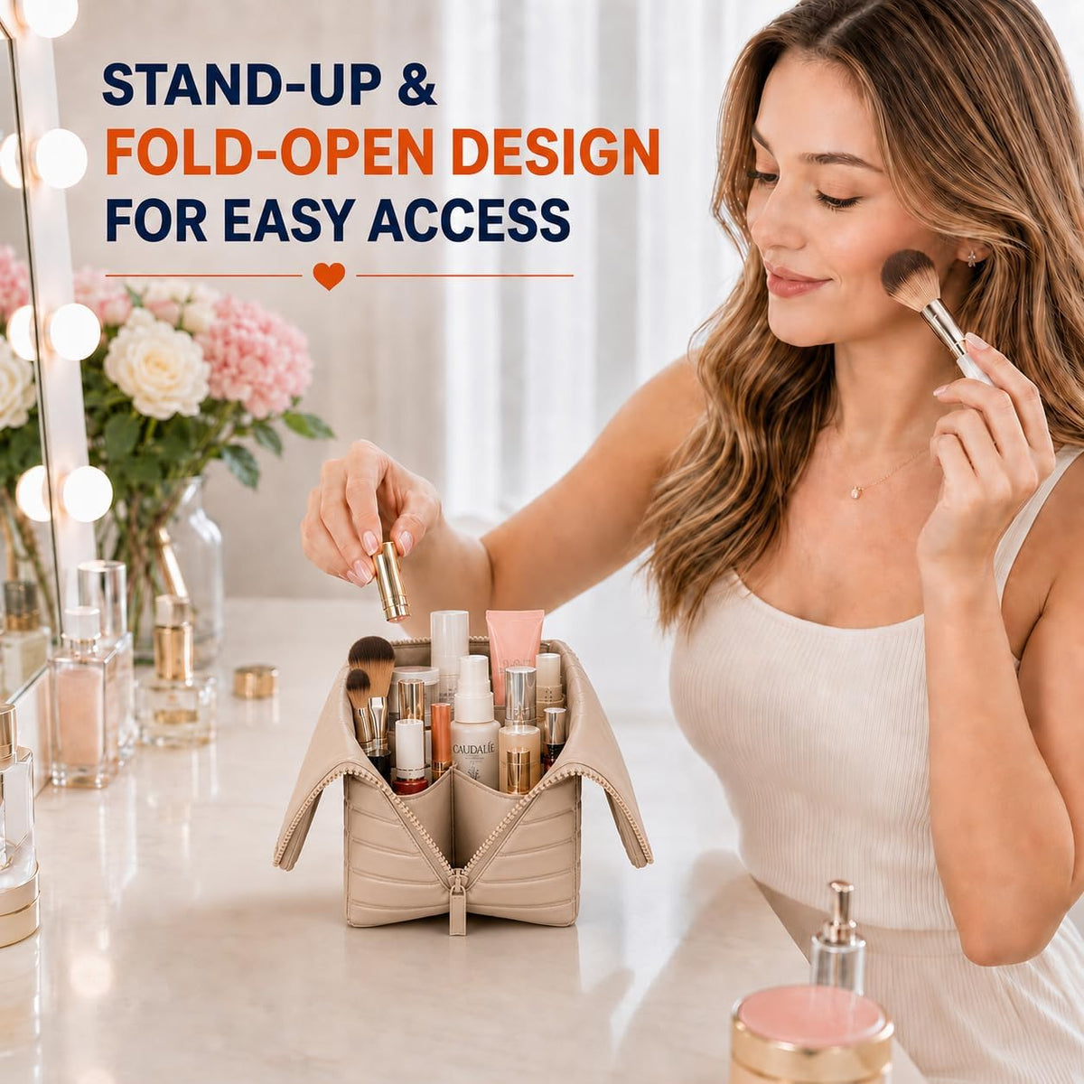 Travel Makeup Bag for Women, Fold Down Stand-Up Striped Makeup Organizer with Adjustable Dividers, 27 Pockets, 3 Brush Holders, Waterproof PVC Cosmetic Toiletry Bag for Travel, Beige