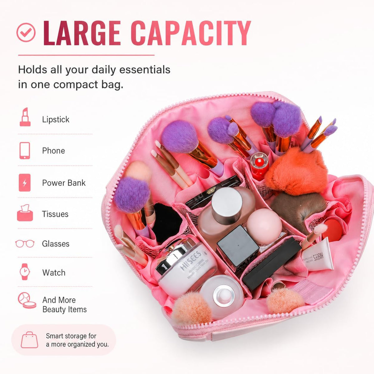 Travel Makeup Bag for Women, Fold Down Stand-Up Striped Makeup Organizer with Adjustable Dividers, 27 Pockets, 3 Brush Holders, Waterproof PVC Cosmetic Toiletry Bag for Travel, Beige