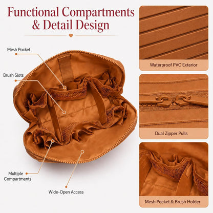 Travel Makeup Bag for Women, Fold Down Stand-Up Striped Makeup Organizer with Adjustable Dividers, 27 Pockets, 3 Brush Holders, Waterproof PVC Cosmetic Toiletry Bag for Travel, Beige