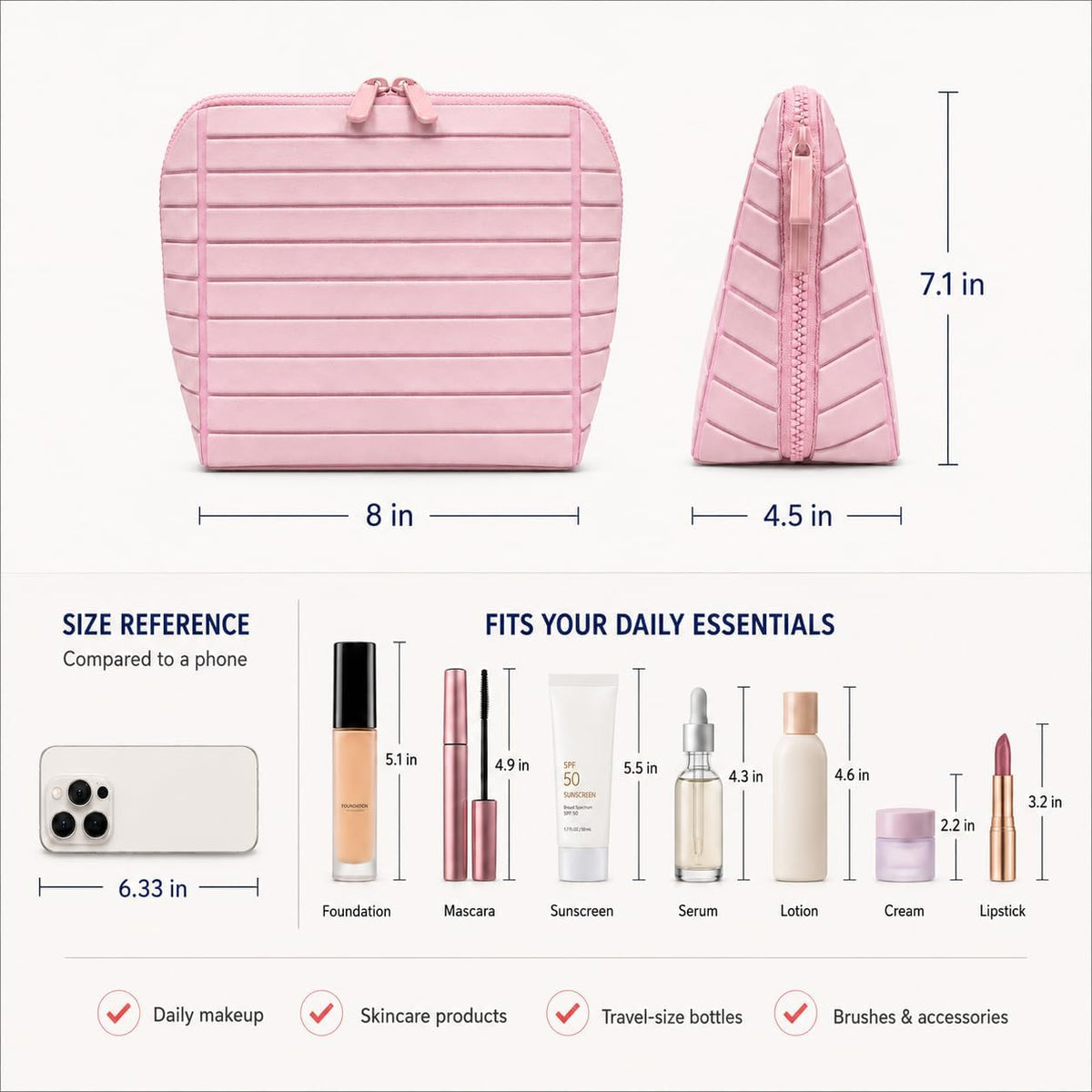 Travel Makeup Bag for Women, Fold Down Stand-Up Striped Makeup Organizer with Adjustable Dividers, 27 Pockets, 3 Brush Holders, Waterproof PVC Cosmetic Toiletry Bag for Travel, Beige