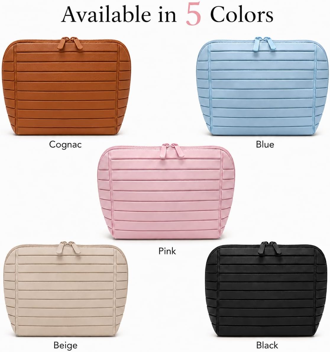 Travel Makeup Bag for Women, Fold Down Stand-Up Striped Makeup Organizer with Adjustable Dividers, 27 Pockets, 3 Brush Holders, Waterproof PVC Cosmetic Toiletry Bag for Travel, Beige