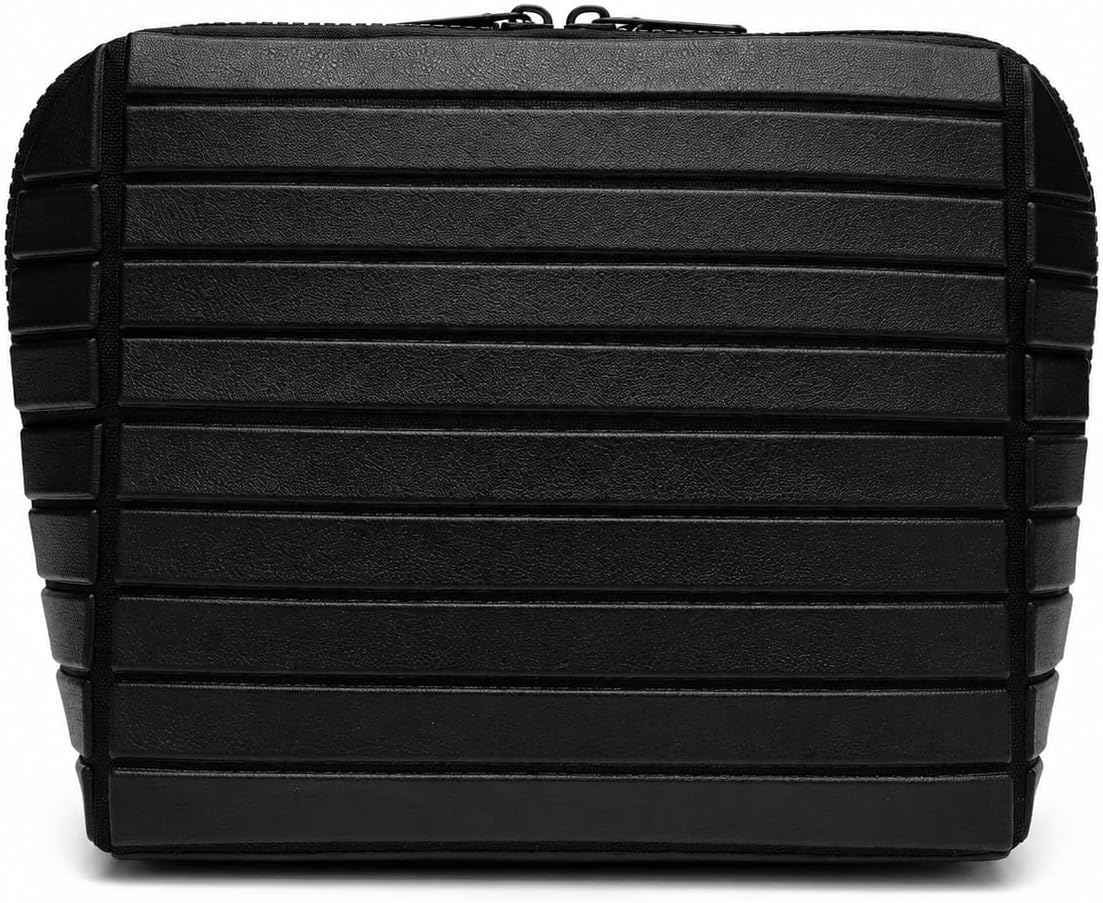 Travel Makeup Bag for Women, Fold Down Stand-Up Striped Makeup Organizer with Adjustable Dividers, 27 Pockets, 3 Brush Holders, Waterproof PVC Cosmetic Toiletry Bag for Travel, Beige