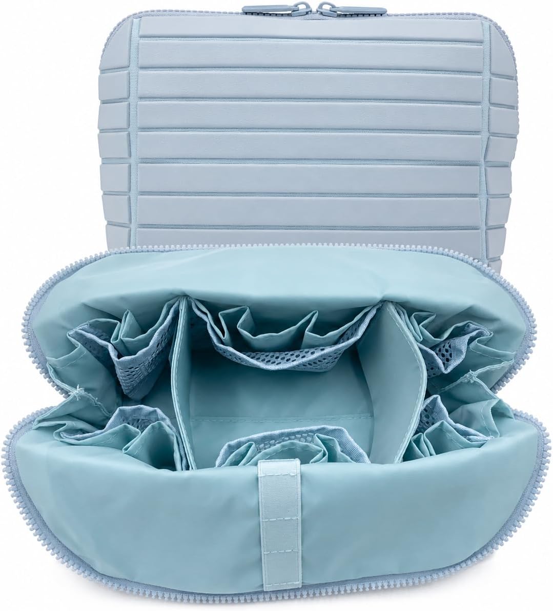 Travel Makeup Bag for Women, Fold Down Stand-Up Striped Makeup Organizer with Adjustable Dividers, 27 Pockets, 3 Brush Holders, Waterproof PVC Cosmetic Toiletry Bag for Travel, Beige