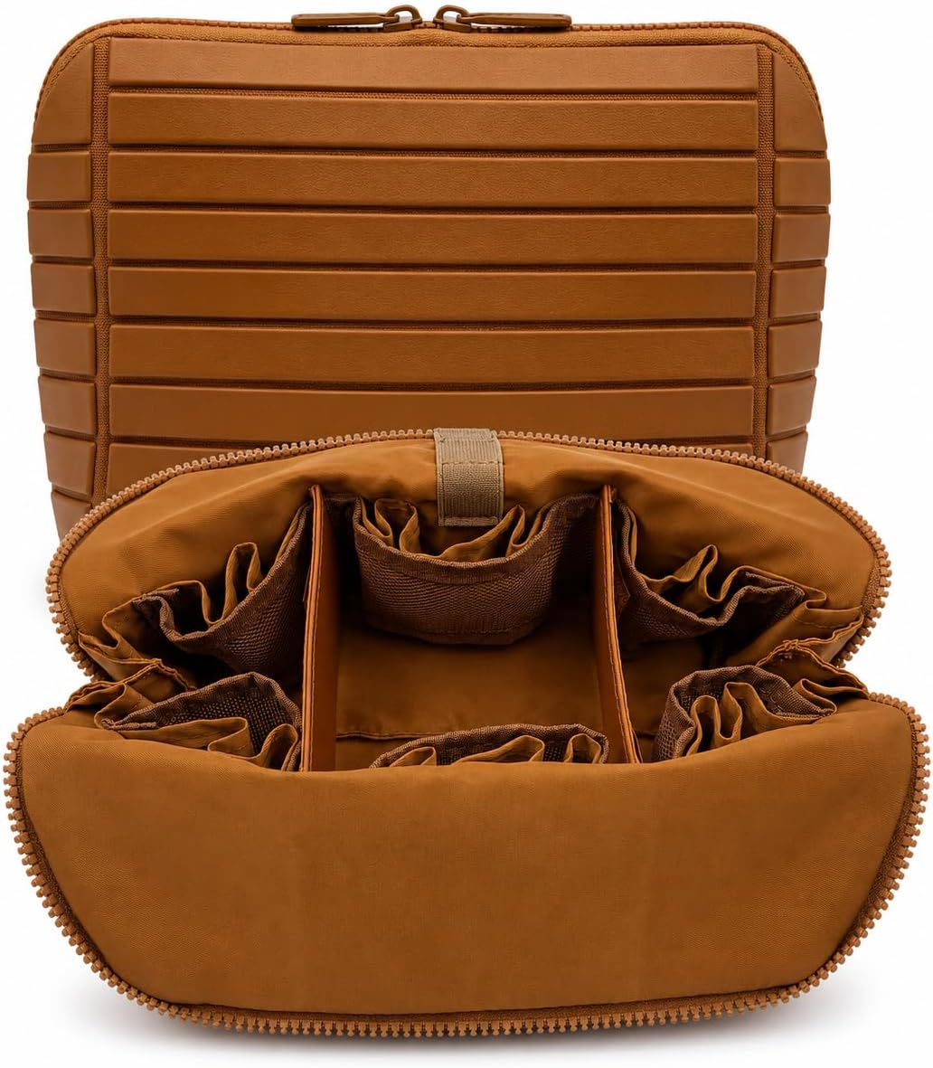 Travel Makeup Bag for Women, Fold Down Stand-Up Striped Makeup Organizer with Adjustable Dividers, 27 Pockets, 3 Brush Holders, Waterproof PVC Cosmetic Toiletry Bag for Travel, Beige