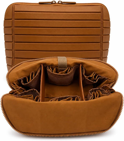 Travel Makeup Bag for Women, Fold Down Stand-Up Striped Makeup Organizer with Adjustable Dividers, 27 Pockets, 3 Brush Holders, Waterproof PVC Cosmetic Toiletry Bag for Travel, Beige