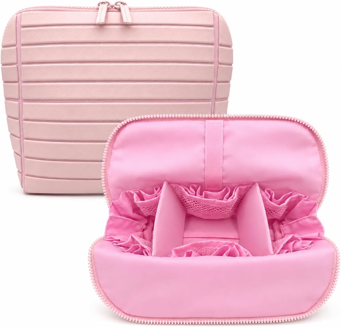 Travel Makeup Bag for Women, Fold Down Stand-Up Striped Makeup Organizer with Adjustable Dividers, 27 Pockets, 3 Brush Holders, Waterproof PVC Cosmetic Toiletry Bag for Travel, Beige