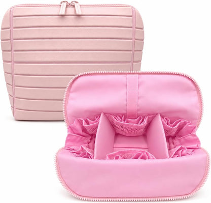 Travel Makeup Bag for Women, Fold Down Stand-Up Striped Makeup Organizer with Adjustable Dividers, 27 Pockets, 3 Brush Holders, Waterproof PVC Cosmetic Toiletry Bag for Travel, Beige