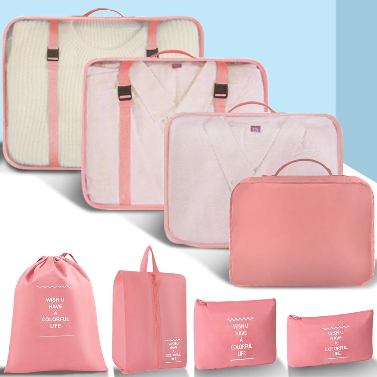 Packing Cubes For Travel - 8 Set Travel Carry On Luggage Organizer, Clothing Sorting Storage Bag Suitable for Suitcases Durable Essentials Bags (Pink)
