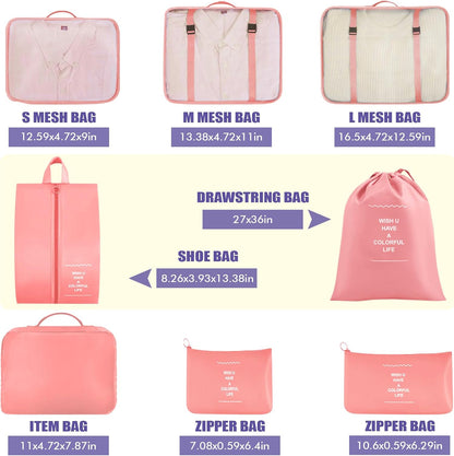 Packing Cubes For Travel - 8 Set Travel Carry On Luggage Organizer, Clothing Sorting Storage Bag Suitable for Suitcases Durable Essentials Bags (Pink)