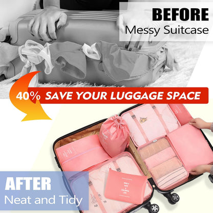 Packing Cubes For Travel - 8 Set Travel Carry On Luggage Organizer, Clothing Sorting Storage Bag Suitable for Suitcases Durable Essentials Bags (Pink)