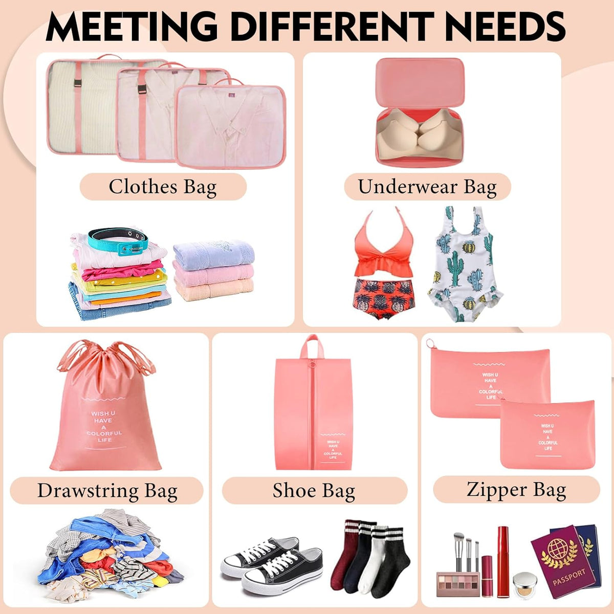 Packing Cubes For Travel - 8 Set Travel Carry On Luggage Organizer, Clothing Sorting Storage Bag Suitable for Suitcases Durable Essentials Bags (Pink)