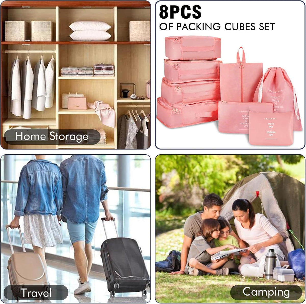 Packing Cubes For Travel - 8 Set Travel Carry On Luggage Organizer, Clothing Sorting Storage Bag Suitable for Suitcases Durable Essentials Bags (Pink)