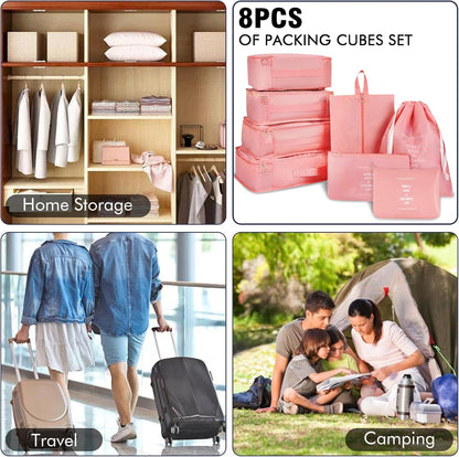Packing Cubes For Travel - 8 Set Travel Carry On Luggage Organizer, Clothing Sorting Storage Bag Suitable for Suitcases Durable Essentials Bags (Pink)