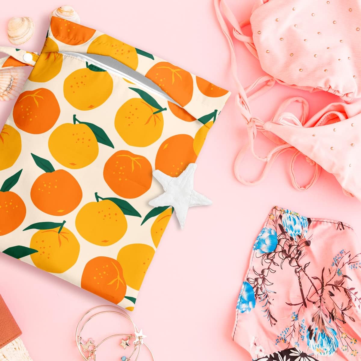 Wet Bag, Wet Dry Bag, Wet Bag for Swimsuit, Travel, Beach, Pool, Diapers, Dirty Yoga Gym Clothes, Makeup Bag, Waterproof Reusable Fruit Decor Orange Strawberry