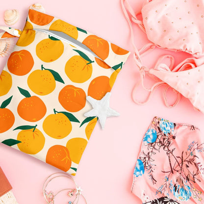 Wet Bag, Wet Dry Bag, Wet Bag for Swimsuit, Travel, Beach, Pool, Diapers, Dirty Yoga Gym Clothes, Makeup Bag, Waterproof Reusable Fruit Decor Orange Strawberry