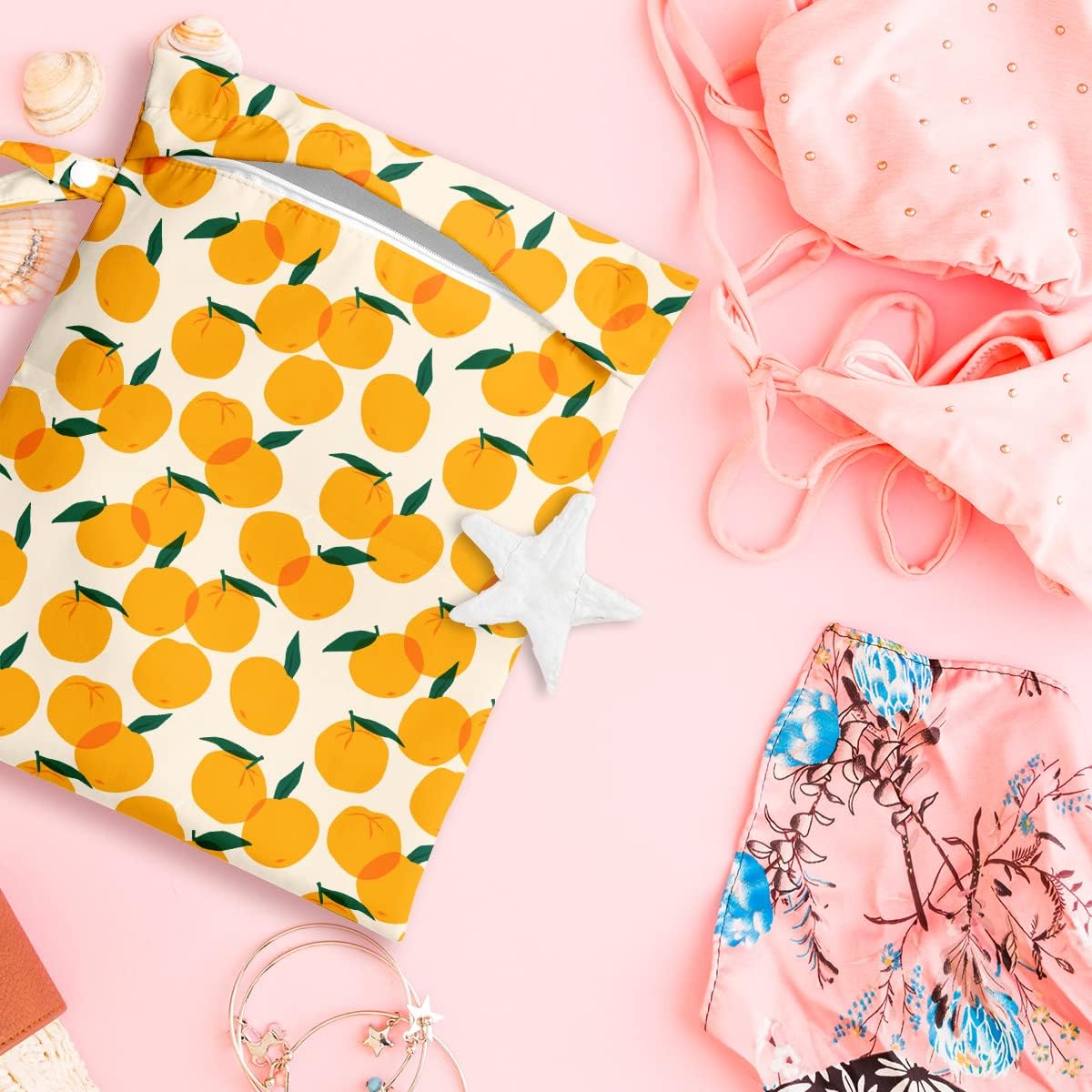 Wet Bag, Wet Dry Bag, Wet Bag for Swimsuit, Travel, Beach, Pool, Diapers, Dirty Yoga Gym Clothes, Makeup Bag, Waterproof Reusable Fruit Decor Orange Strawberry