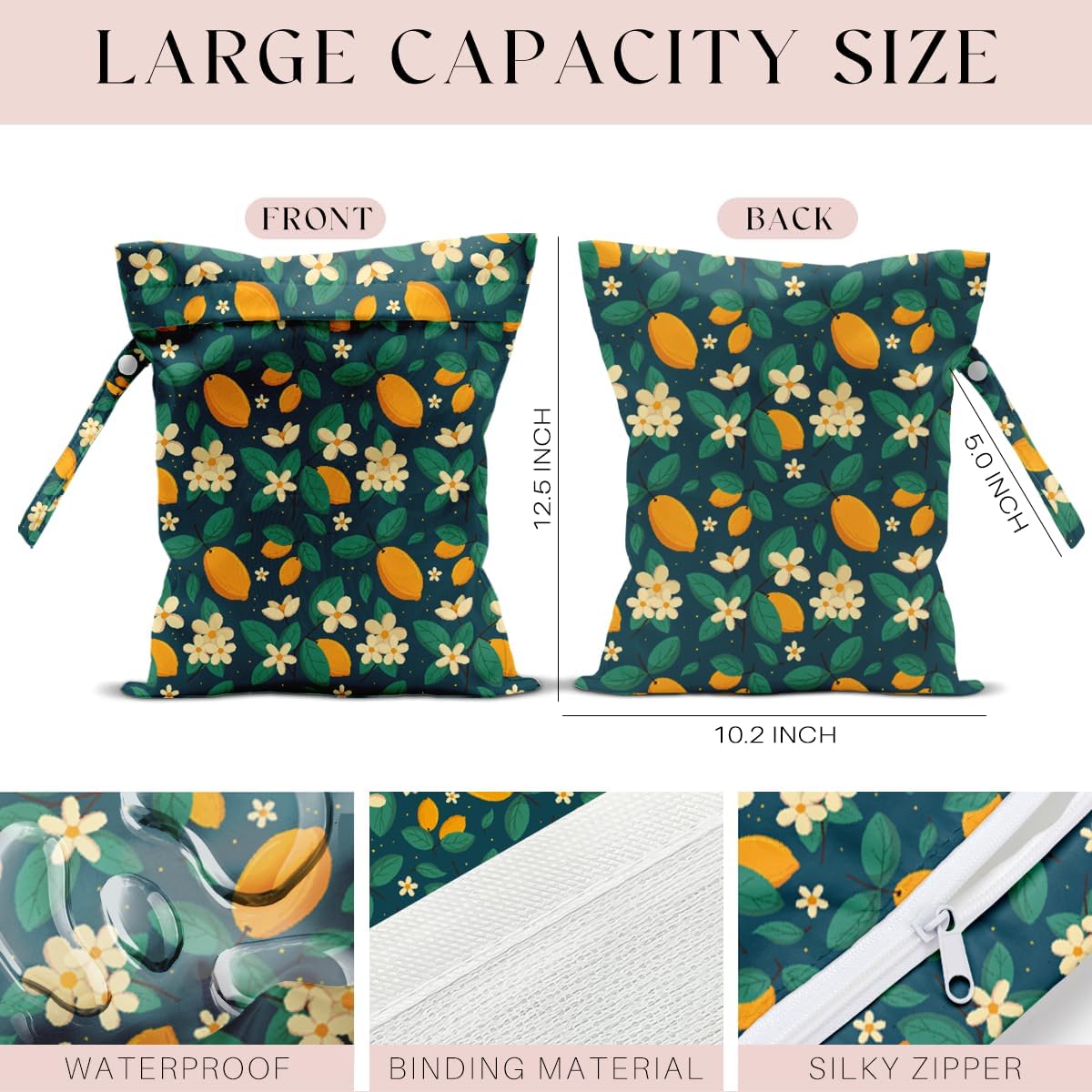 Wet Bag, Wet Dry Bag, Wet Bag for Swimsuit, Travel, Beach, Pool, Diapers, Dirty Yoga Gym Clothes, Makeup Bag, Waterproof Reusable Fruit Decor Orange Strawberry