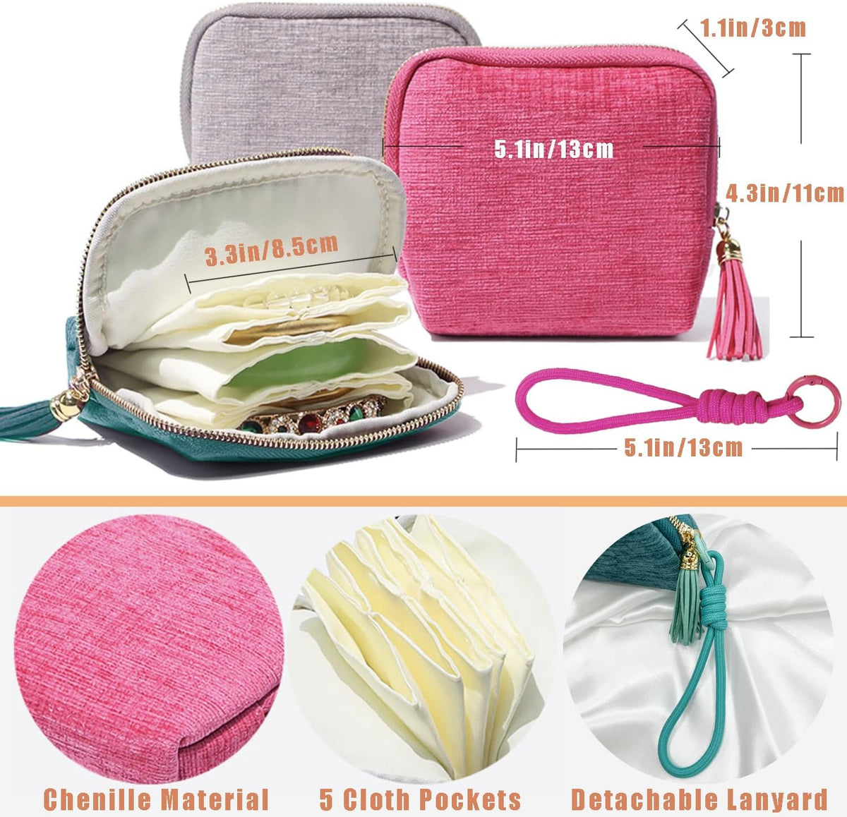 Small Travel Jewelry Case with Lanyard, Portable Jewelry Bags, Organizer Pouch with 5 Pockets, Anti-Scratch Storage Holder for Bangle Bracelets Earrings Necklace, Women Gifts, Turquoise