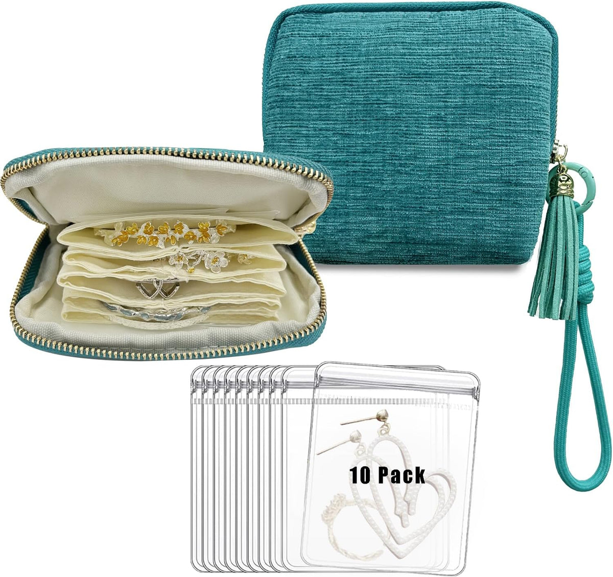 Small Travel Jewelry Case with Lanyard, Portable Jewelry Bags, Organizer Pouch with 5 Pockets, Anti-Scratch Storage Holder for Bangle Bracelets Earrings Necklace, Women Gifts, Turquoise
