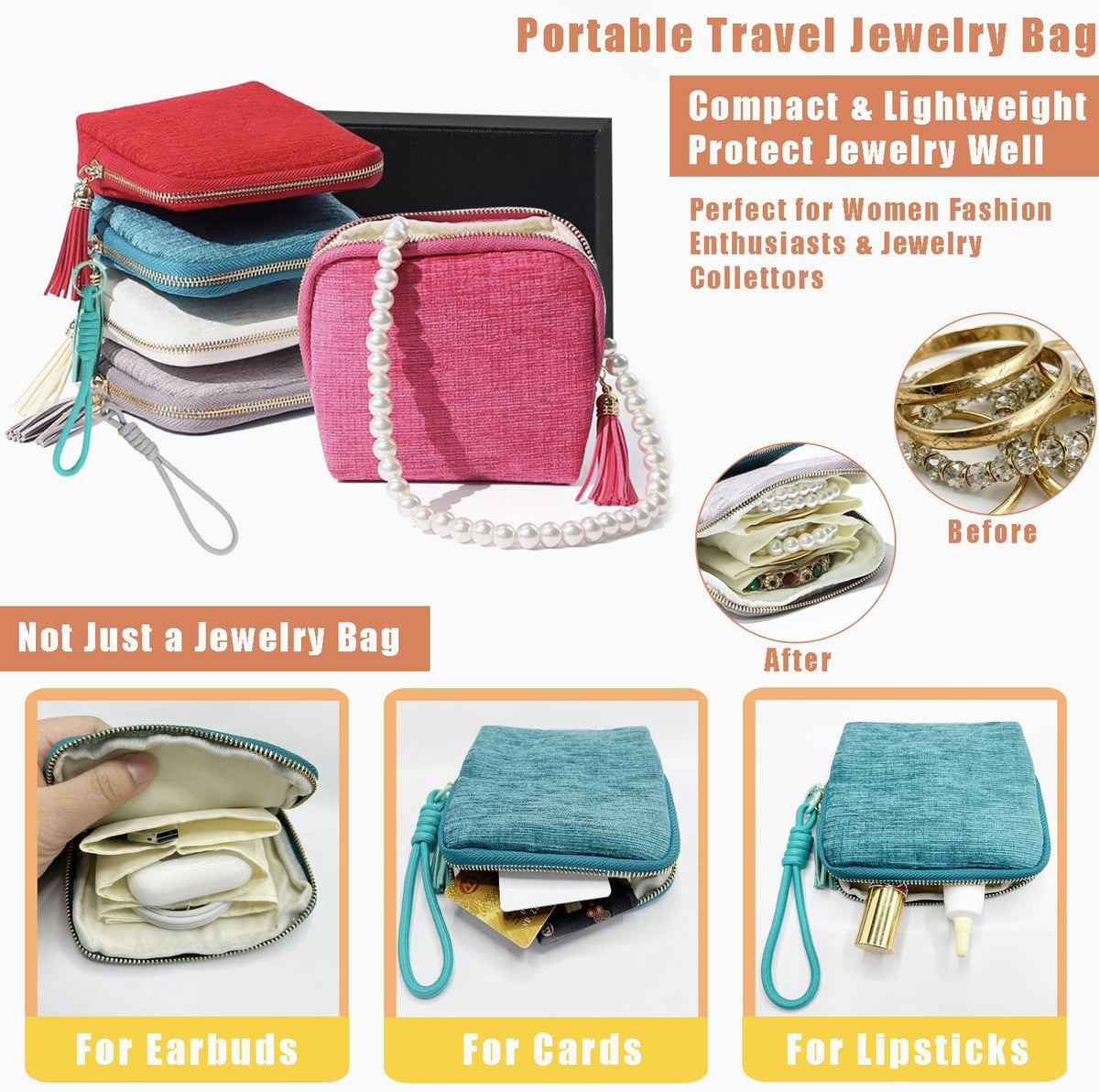 Small Travel Jewelry Case with Lanyard, Portable Jewelry Bags, Organizer Pouch with 5 Pockets, Anti-Scratch Storage Holder for Bangle Bracelets Earrings Necklace, Women Gifts, Turquoise