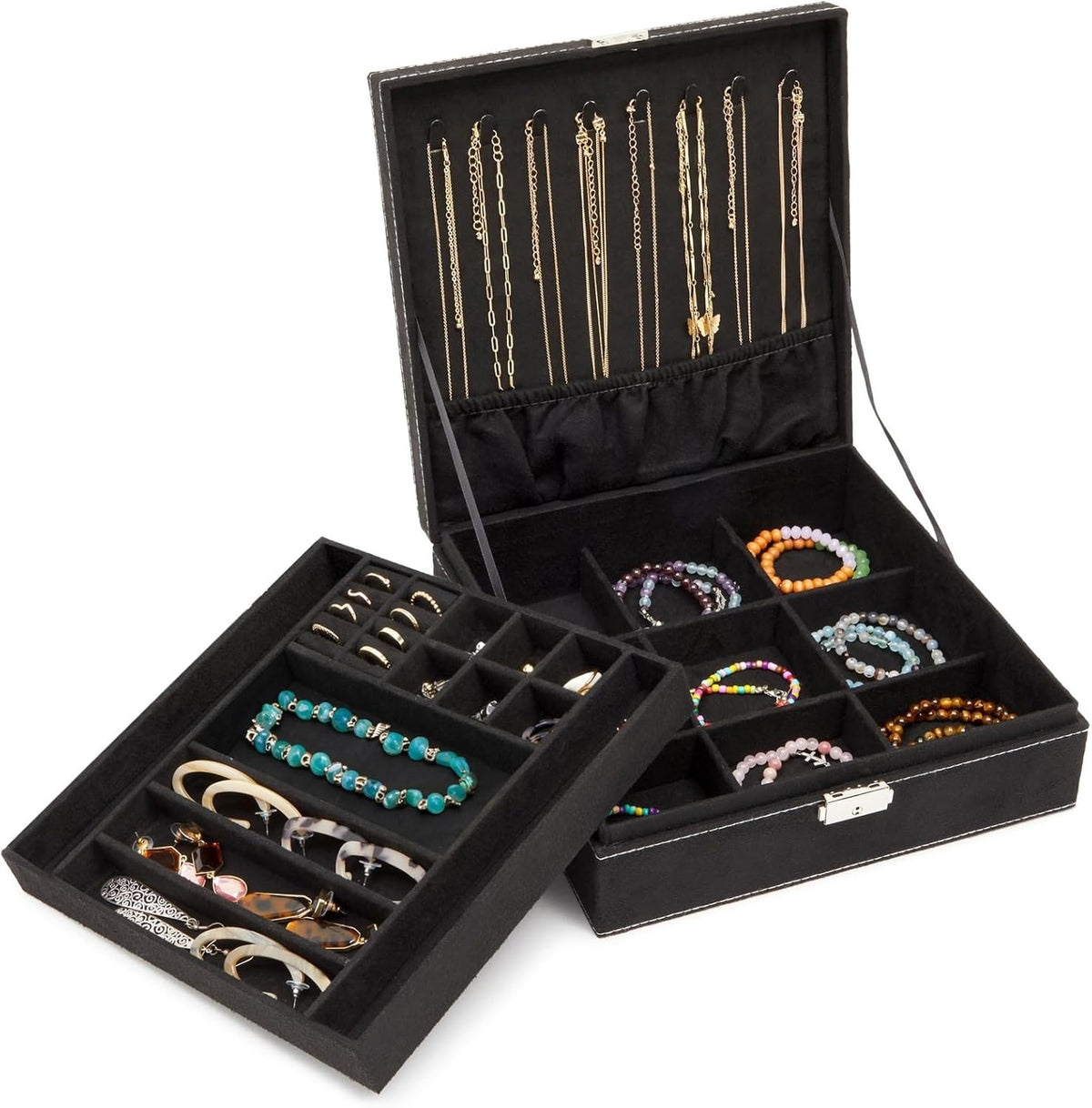 Velvet Jewelry Box Organizer - 10.5 x 10.5 x 3.5 in, Green - Lockable 2-Tier Travel Jewelry Case & Earring Storage - Removable Tray & Built-In Necklace Organizer