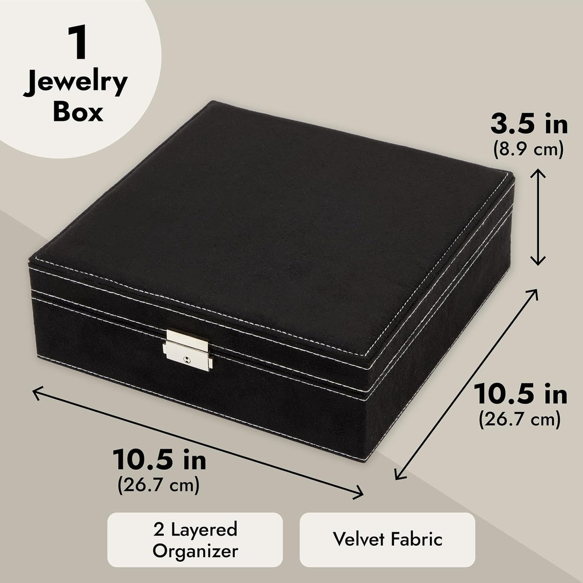Velvet Jewelry Box Organizer - 10.5 x 10.5 x 3.5 in, Green - Lockable 2-Tier Travel Jewelry Case & Earring Storage - Removable Tray & Built-In Necklace Organizer