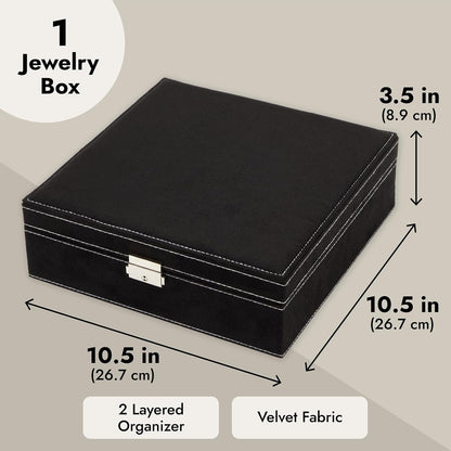 Velvet Jewelry Box Organizer - 10.5 x 10.5 x 3.5 in, Green - Lockable 2-Tier Travel Jewelry Case & Earring Storage - Removable Tray & Built-In Necklace Organizer