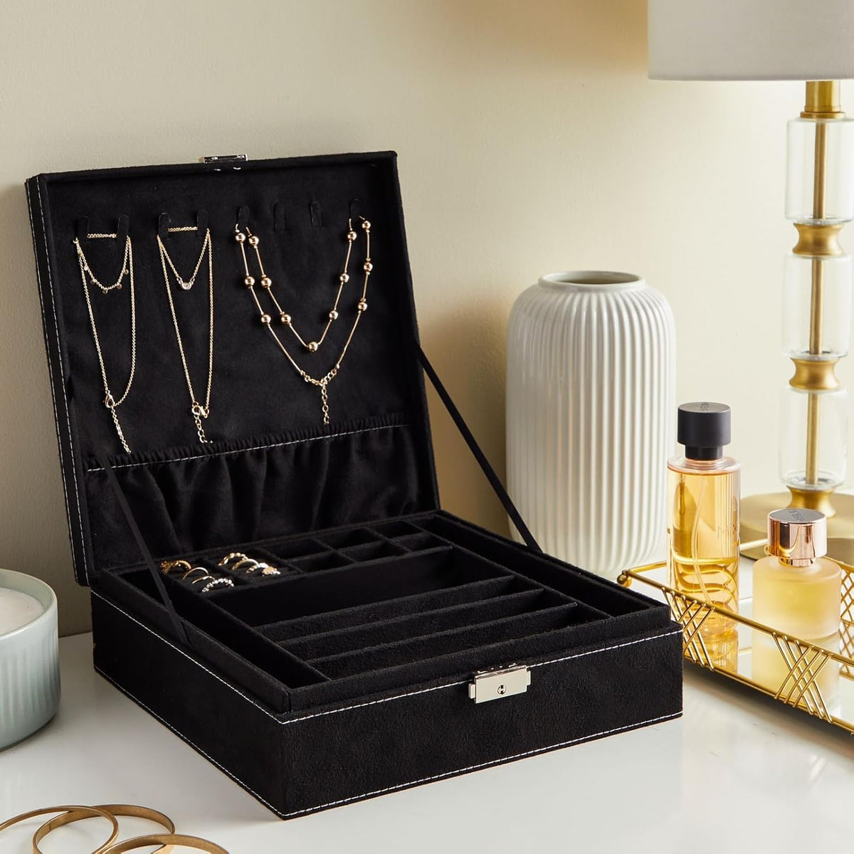 Velvet Jewelry Box Organizer - 10.5 x 10.5 x 3.5 in, Green - Lockable 2-Tier Travel Jewelry Case & Earring Storage - Removable Tray & Built-In Necklace Organizer