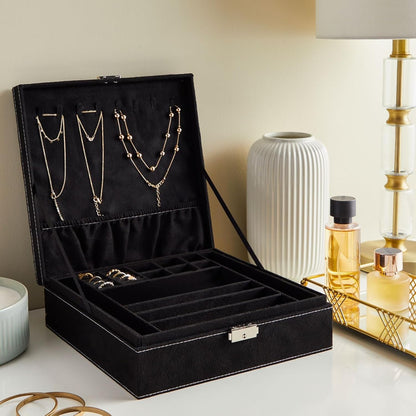 Velvet Jewelry Box Organizer - 10.5 x 10.5 x 3.5 in, Green - Lockable 2-Tier Travel Jewelry Case & Earring Storage - Removable Tray & Built-In Necklace Organizer