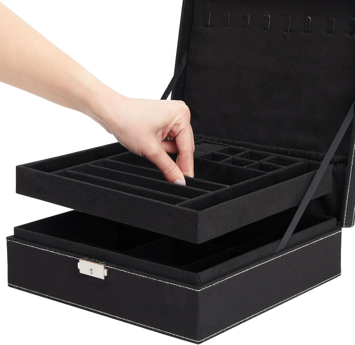 Velvet Jewelry Box Organizer - 10.5 x 10.5 x 3.5 in, Green - Lockable 2-Tier Travel Jewelry Case & Earring Storage - Removable Tray & Built-In Necklace Organizer